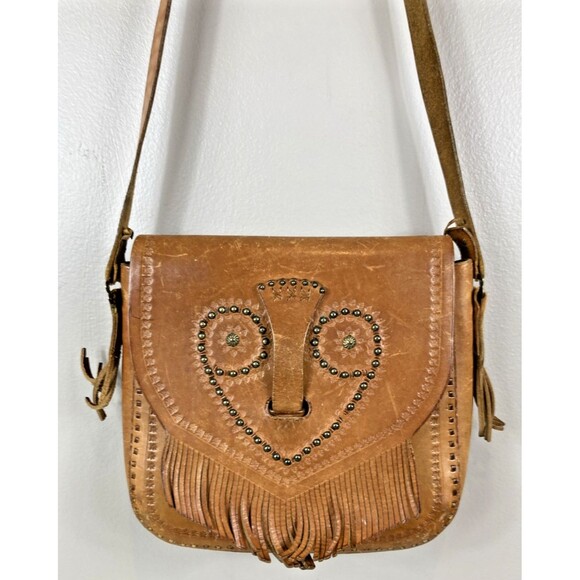 Vintage Handbags - Vintage Leather Hand Tooled Handbag Crossbody Tan Fringe Hippie Boho Foldover